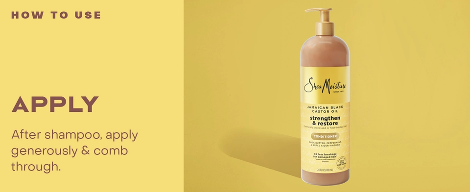Image of the SheaMoisture Strengthen &amp; Restore Conditioner bottle, next to applying instructions.