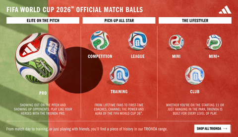 FIFA World Cup 2026™ Official Match Balls. Elite on the Pitch. Pro: Showing out on the pitch and showing up opponents. Play like your heroes with the Trionda Pro. Pick-up All Star. Training: From lifetime fans to first-time coaches, channel the power and aura of the FIFA World Cup 26™. The Lifestyler. Club: Whether you're on the starting 11 or just hanging in the park, Trionda is build for every level of play. From match day to training, or just playing with friends, you'll find a piece of history in our TRIONDA range.