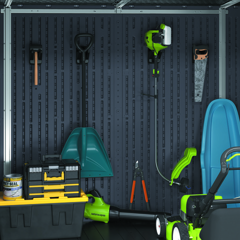 Shed interior with tools