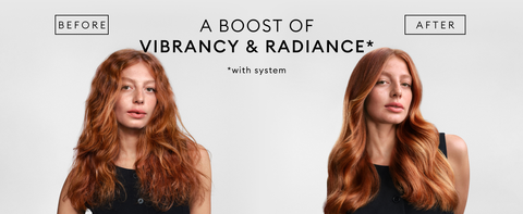 Before &amp; after of a woman with red hair, frizzy on the left and sleek and healthy hair on the right.