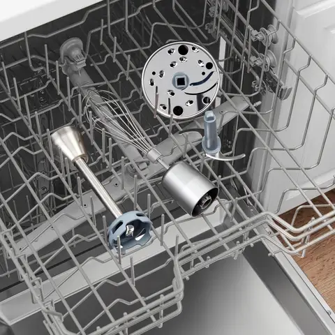 Image of Immersion Blender attachments in the top rack of a dishwasher