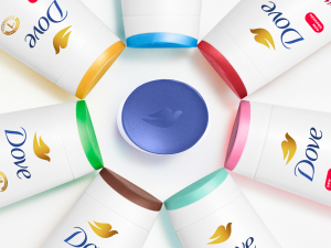 Dove products arranged in a circle, viewed from above, with colored caps on a white background.