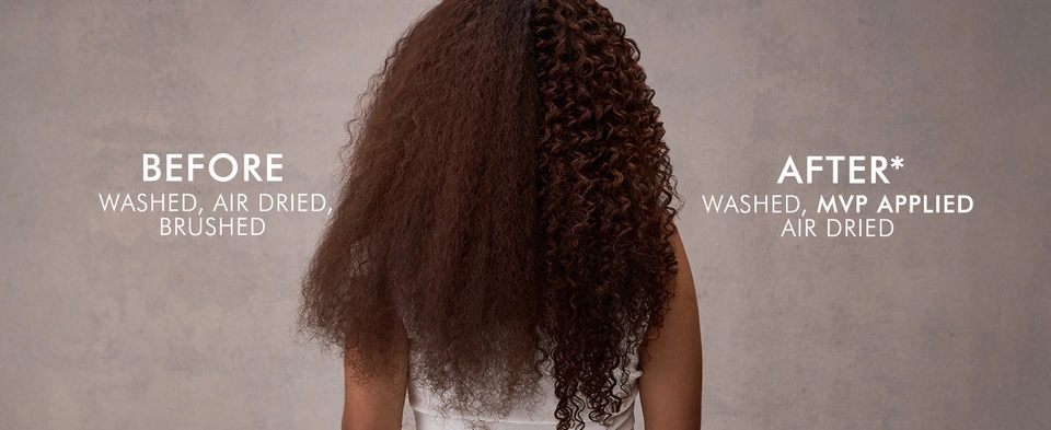 Split view of straight hair before/after MVP Styler Cream, showing smooth, shiny, frizz‑free hair