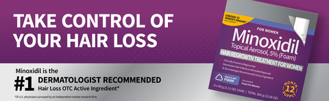 Take control ofyour hair loss. Minoxidil is the #1 Dermatologist Recommended Hair Loss OTC Active Ingredient* *Of U.S. physicians surveyed by an independent market research firm.