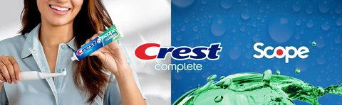 A woman using Crest Advanced Scope Active Foam paste and smiling with healthy teeth. Split screen is visible with the Crest Complete and Scope logo.