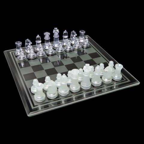 International Glass Chess Set 10 Inch Chess Board and 32 Clear Glass Pieces  Chess Game Gift for Kids Adults Beginners 