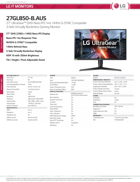 Lg 27 Ultragear Qhd 2560 X 1440 Nano Ips Gaming Display With 1ms Response Time 27gl850 B Walmart Com Walmart Com