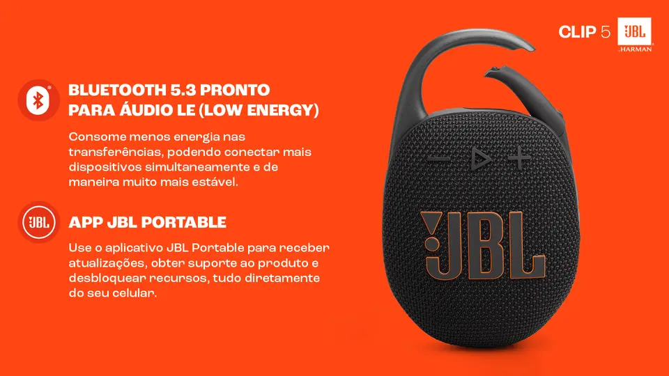 Caixa de Som Portátil JBL Clip5 7W Bluetooth com Bateria Recarregável