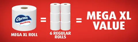 One Charmin Ultra Strong Mega XL Roll equals to six regular rolls and a Mega XL value.