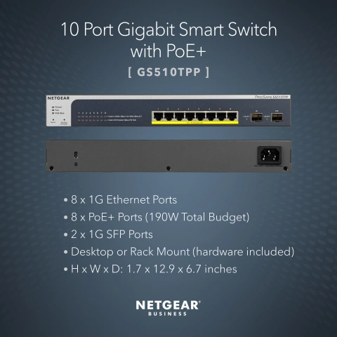 NETGEAR ProSAFE 8-Port Gigabit PoE+ Smart Managed Switch with 2