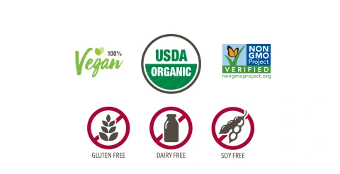 Icons: USDA Certified Organic, Vegan, Non-GMO. Gluten Free, Dairy Free, Soy Free.