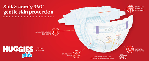 DryTouch Liner and secure double fit strips are all essential to Huggies Little Movers Plus baby diapers 360-degree gentle skin protection