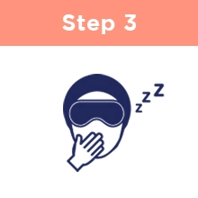 Step Three: A person wearing a sleep mask with their hand covering their yawning mouth and sleepy Z&#39;s floating next to their head.