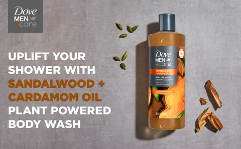 Pump bottle with pieces of sandalwood &amp; cardamom seeds on grey textured background with text.