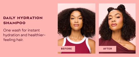 Two images of the same woman comparing her hair before and after applying our product.