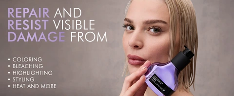 Model holding bottle with wet hair with guidance that this product helps resists hair damage.