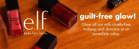 Image of Glow Reviver Lip Oil and Power Grip Primer, text with details about e.l.f.&#39;s cruelty-free makeup