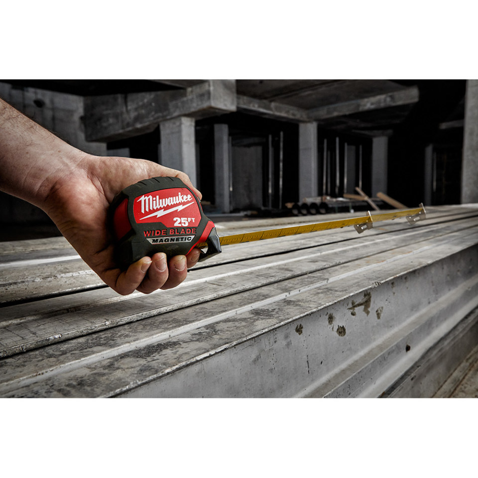 Milwaukee Tool | Milwaukee Tape Measure: 25' Long, 1 Width, Black & Yellow Blade - 1/16 Graduation, inch Graduation, Black & Red Case | Part