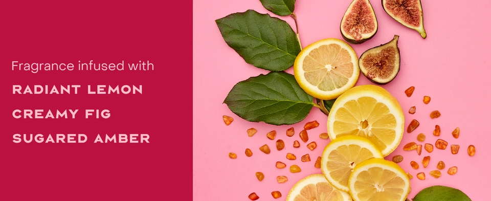 Image of fragrance ingredients like Radiant lemon, Creamy fig, Sugared amber