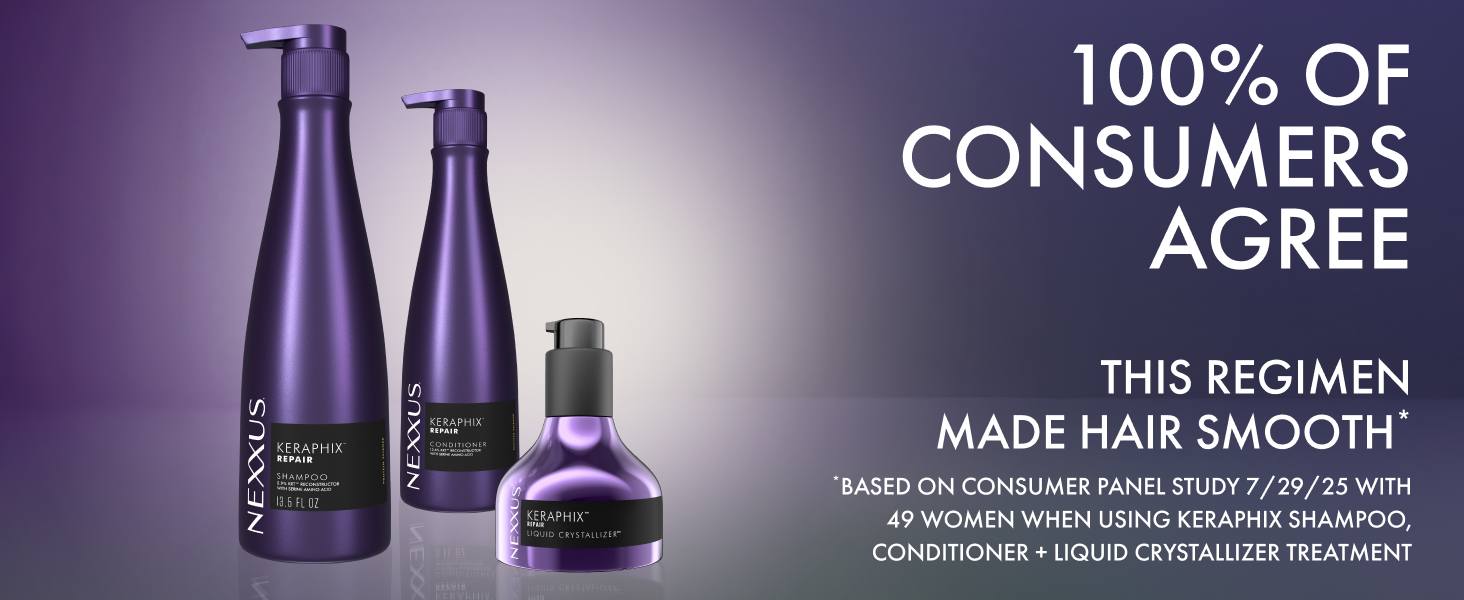 Nexxus Keraphix Repair Shampoo bottle with consumer agreement and smooth-hair claims.