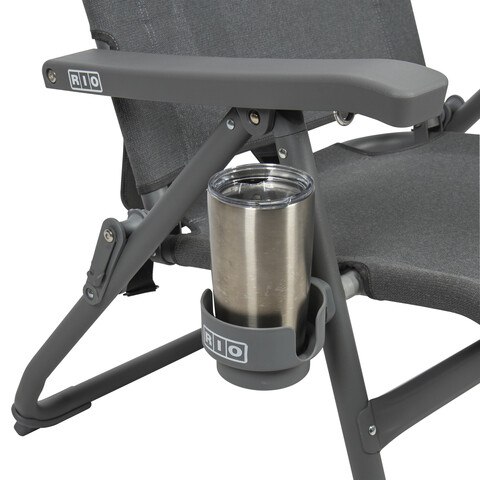 Side of chair armrest with travel cup in cup holder.