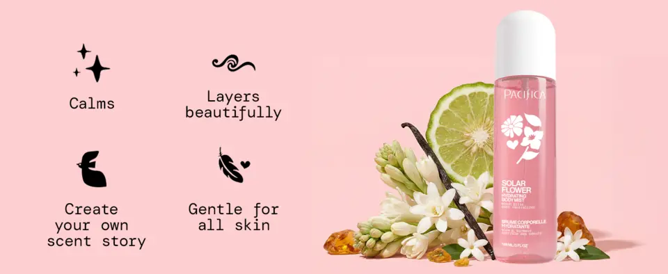 Pacifica body mist on beach background with fresh floral scent and vegan cruelty‑free label.