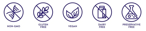 Não-OGM, Sem Glúten, Vegan, Sem Lácteos, Sem Preservativos