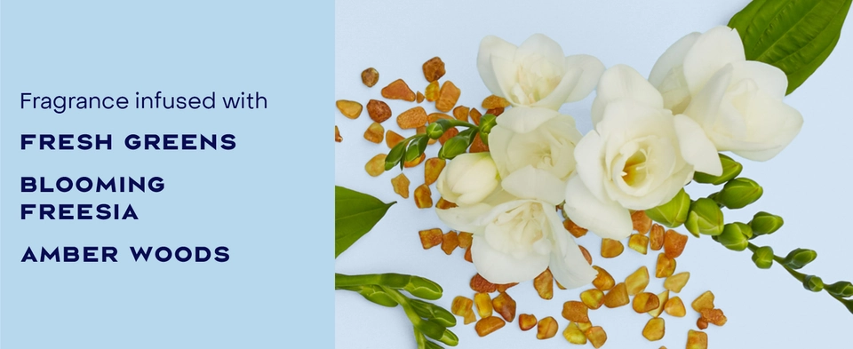 Image of fragrance infusion ingredients: fresh greens, blooming freesia and amber woods.