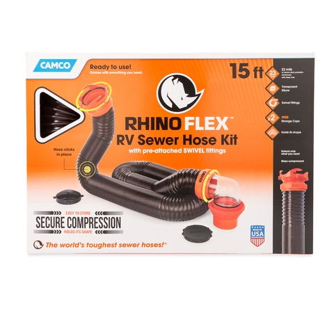 Camco RhinoFlex 39761: Kit Tubo Fognario 15 Piedi Con Gomito 4 In 1 E Tappi. Perfetto Per Camper E Roulotte!