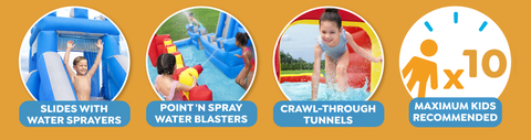 Features 2 slides with water sprayers, point &#39;n spray water blasters and crawl-through tunnels