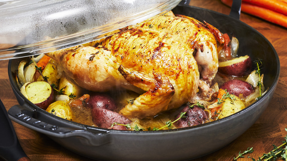 thumbnail video image 2 of Staub Cast Iron Braiser with Glass Lid, Dutch Oven, 3.5-quart, serves 3-4, Made in France, Cherry, 2 of 10