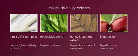 Skincare ingredient highlights featuring pro-NAD+, microalgae blend, honey locust extract, and jojoba ester for smoother, firmer skin