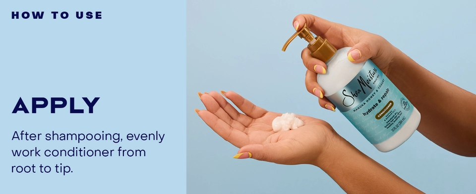 Image of a hand pumping Hydrate &amp; Repair Conditioner to hand, next to applying instructions.