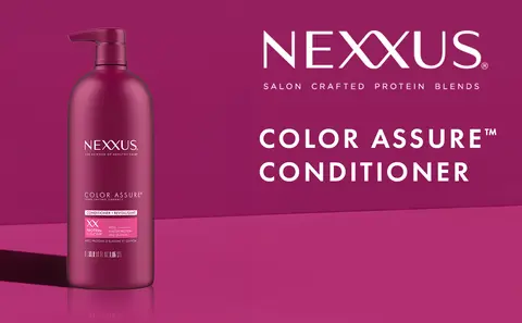 Image of Nexxus conditioner bottle with pump against magenta background with the headline that reads: Color Assure™ Conditioner.