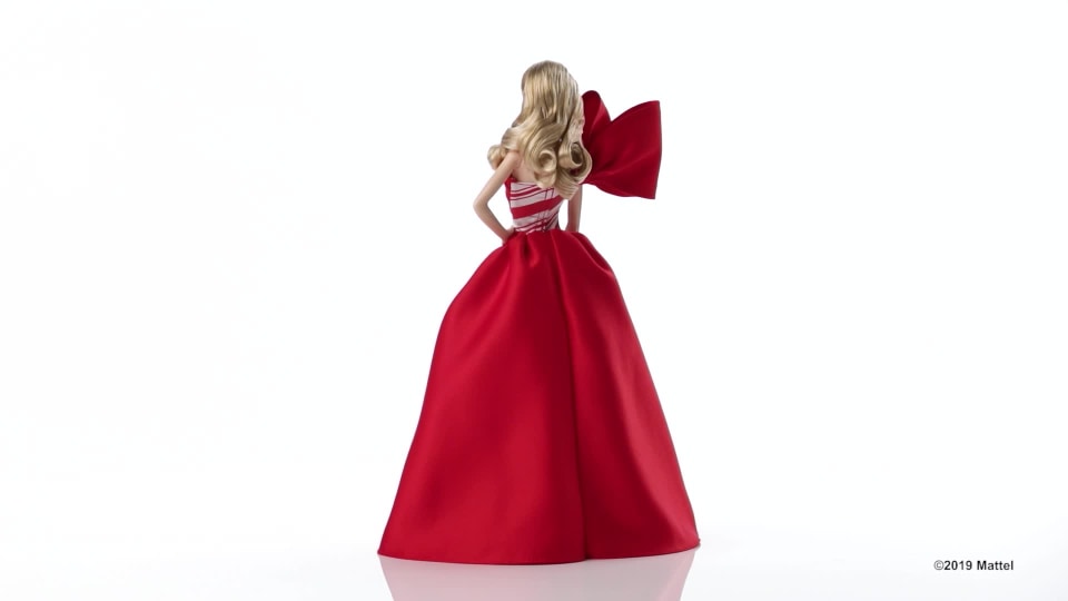 thumbnail video image 2 of Barbie 2019 Holiday Doll, Blonde Curls with Red & White Gown, 2 of 10