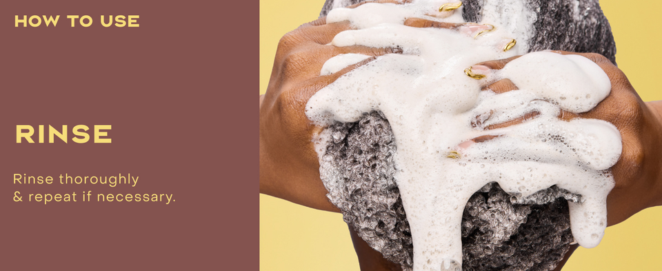 Image of a young woman running her hand through her wet curly hair, next to rinsing instructions