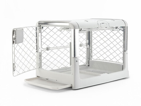 White (Ash) Revol Dog Crate with tray pulled out and side door open