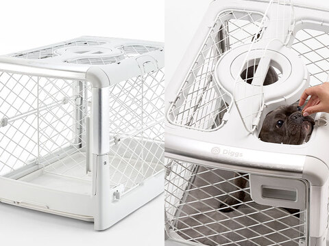 Two images of Revol Dog Crate side by side showing the puppy divider and ceiling hatch