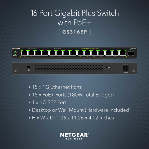 NETGEAR 16-Port PoE Gigabit Ethernet Switch - GS316EP - Micro Center