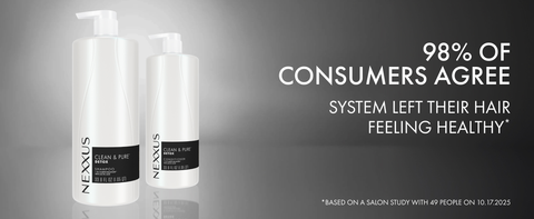 Bottles from the product's collection next to text highlighting system benefits.