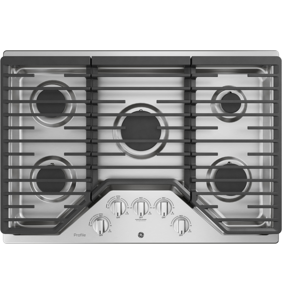 PGP7030SLSS GE Profile 30 Gas Cooktop with White LED Backlit Heavy Duty Knobs and Precise Simmer Burner Stainless Steel