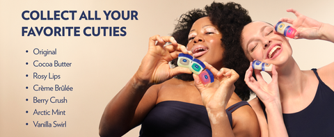 Two women holding pots of Vaseline Lip Therapy Jelly next to list highlighting the whole range.