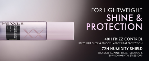 Our hair oil bottle under a spotlight next to text highlighting product benefits.