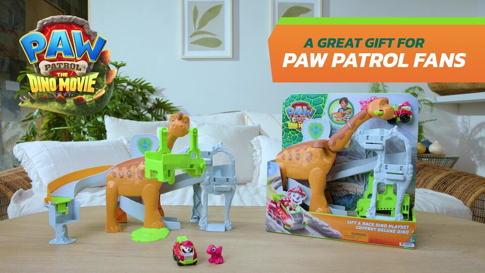 thumbnail video image 2 of PAW Patrol: The Dino Movie Lift & Race Dino Playset, Ages 3+, 2 of 11