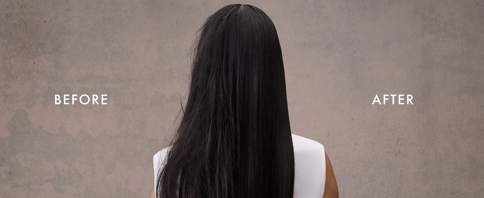 Before/after images of the same woman, from the back, going from damaged to healthy-looking hair.