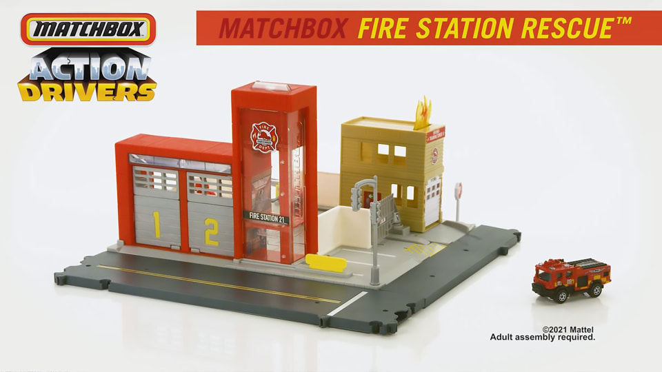 thumbnail video image 2 of Matchbox Action Drivers Fire Station Rescue Playset & 1:64 Scale Toy Firetruck with Lights & Sounds, 2 of 7