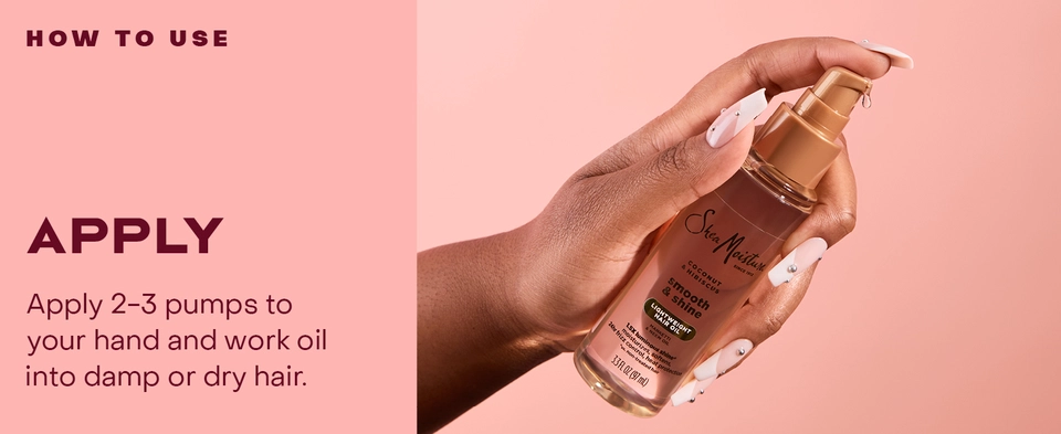 3 steps in images of hands with bottle, applying it &amp; a woman with healthy hair: apply, rake, style.