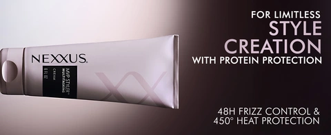 Close-up of Nexxus MVP Styler Cream tube with text: 48H frizz control and 450° heat protection.
