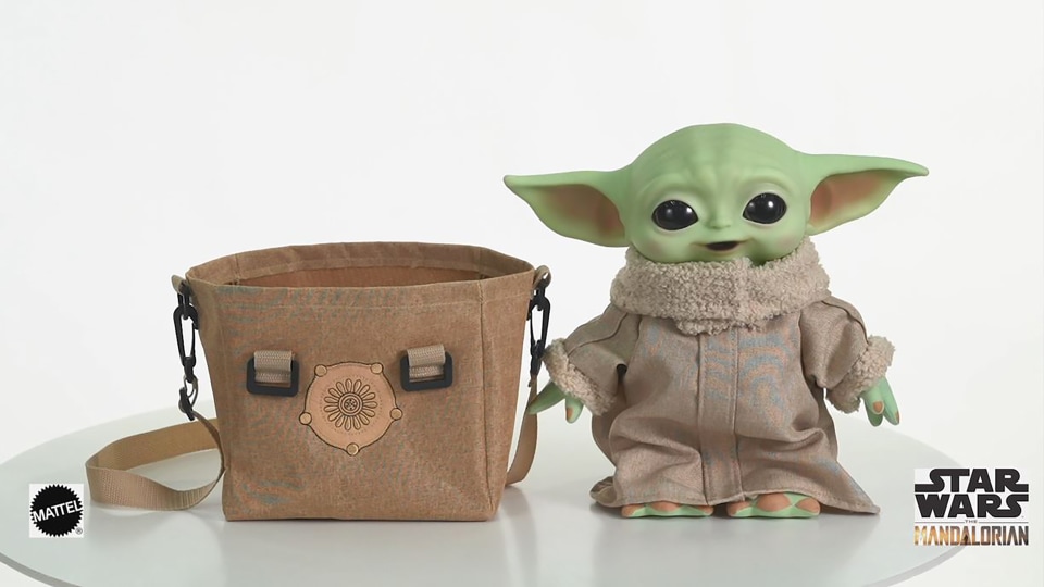 thumbnail video image 2 of Star Wars The Mandalorian Grogu Plush Set, Character Doll with Soft Body, Sounds & Carrier (11-inch), 2 of 7