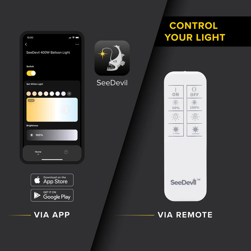 The 60W Balloon Light Kit can be controlled in 3 different ways. the first being VIA the included remote. The second being VIA the SeeDevil app. that can be found on the app store or google play store. Lastly, the fixture can be controlled VIA the on/off switch located on the fixture itself.